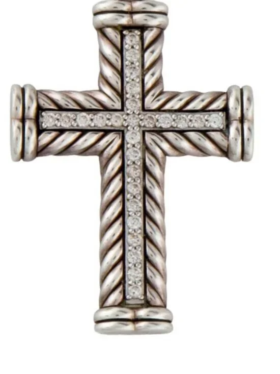 DAVID YURMAN DIAMOND STERLING SILVER 925 CHEVRON CROSS PENDANT - Picture 3 of 8